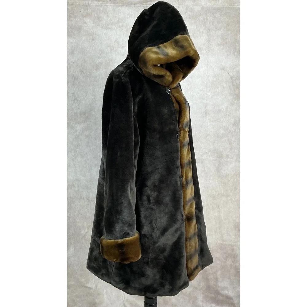 Dennis Basso Reversible Hooded Faux Fur & Nylon Trench Coat Women's Size L - Picture 3 of 7